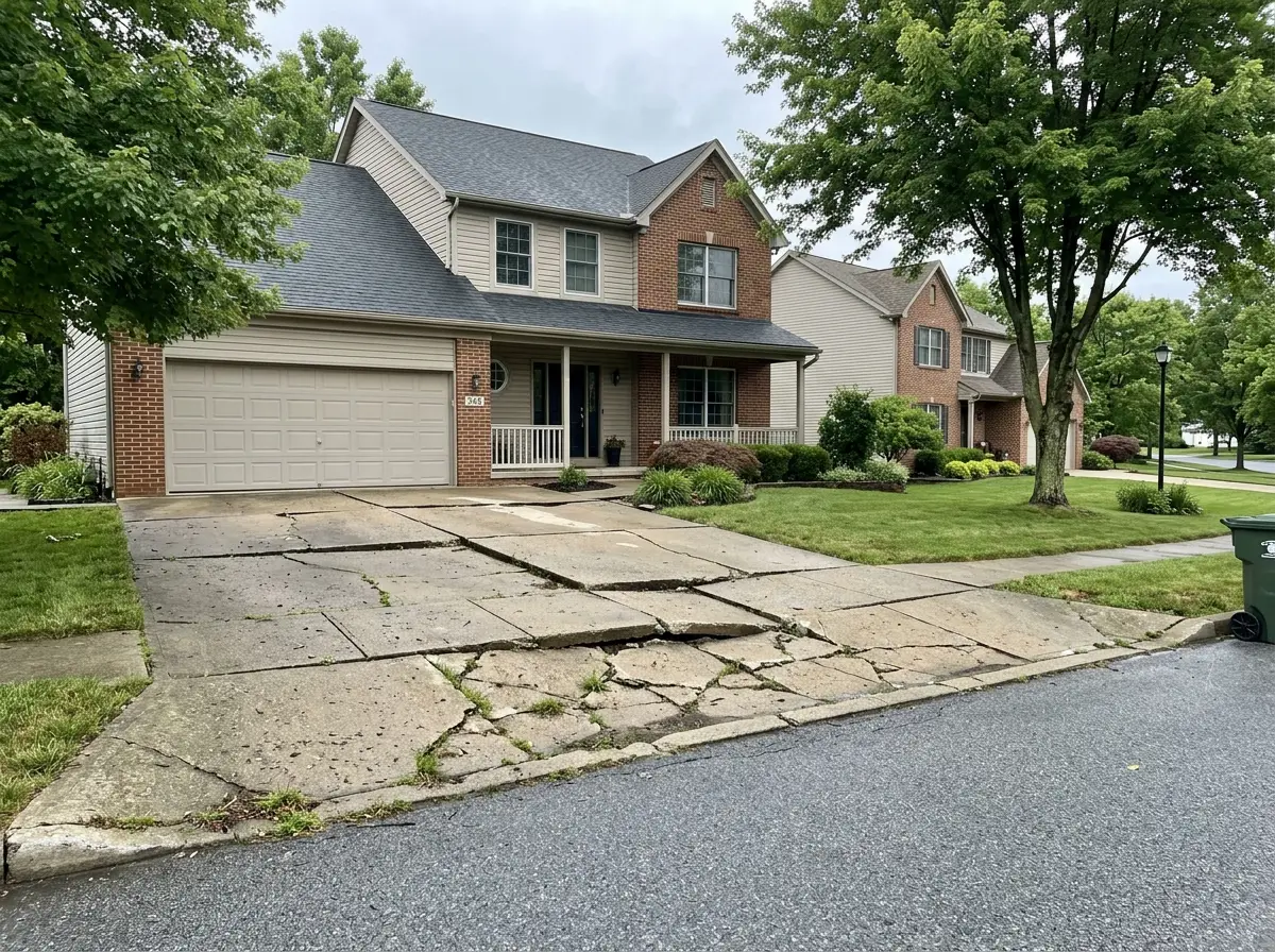Two-story suburban house with a large cracked concrete driveway and attached two-car garage.